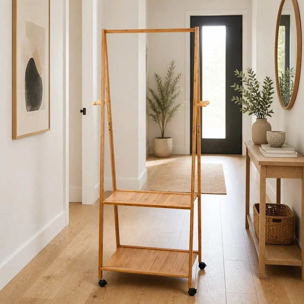 Clothes Rack Airer Coat Stand Natural Bamboo 165x59cm with Wheels Shelves Hooks