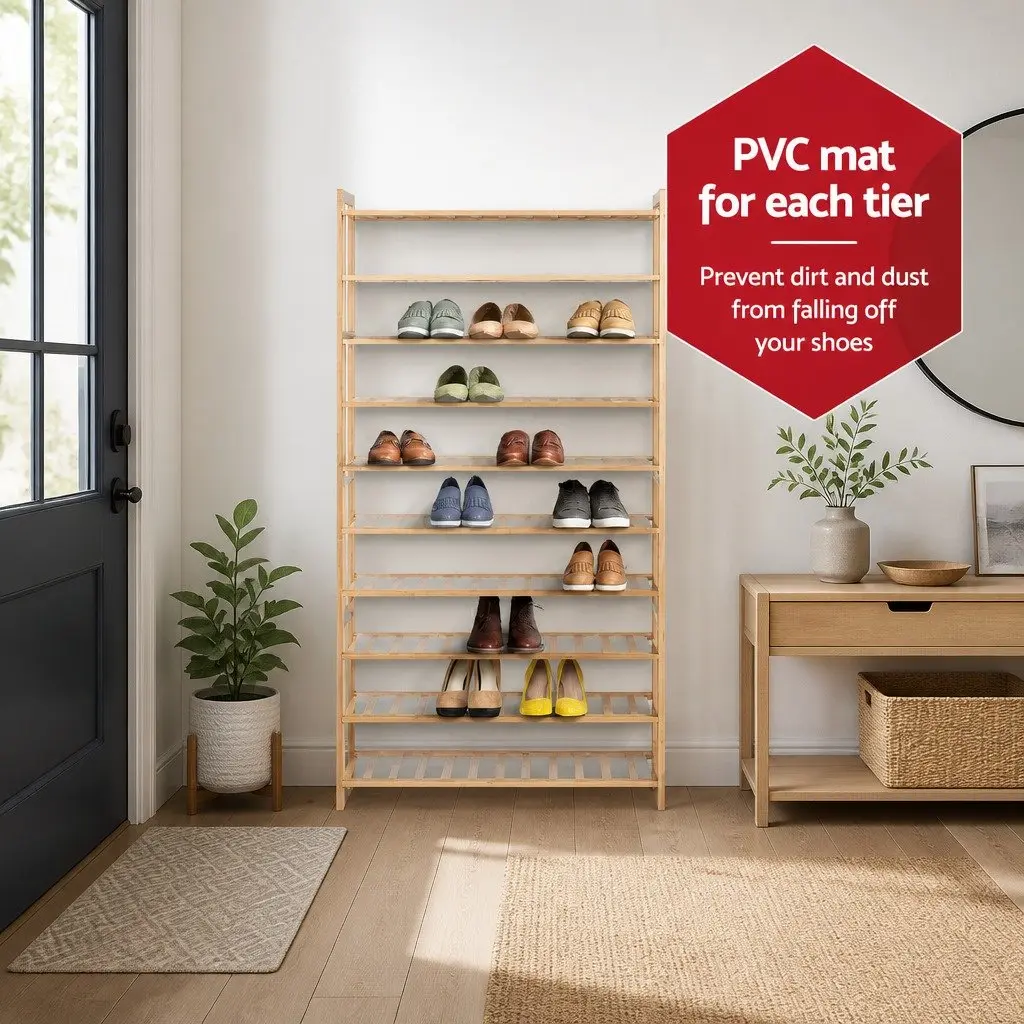 Bamboo Shoe Rack 10-Tier Open Storage Organizer Natural Footwear Display
