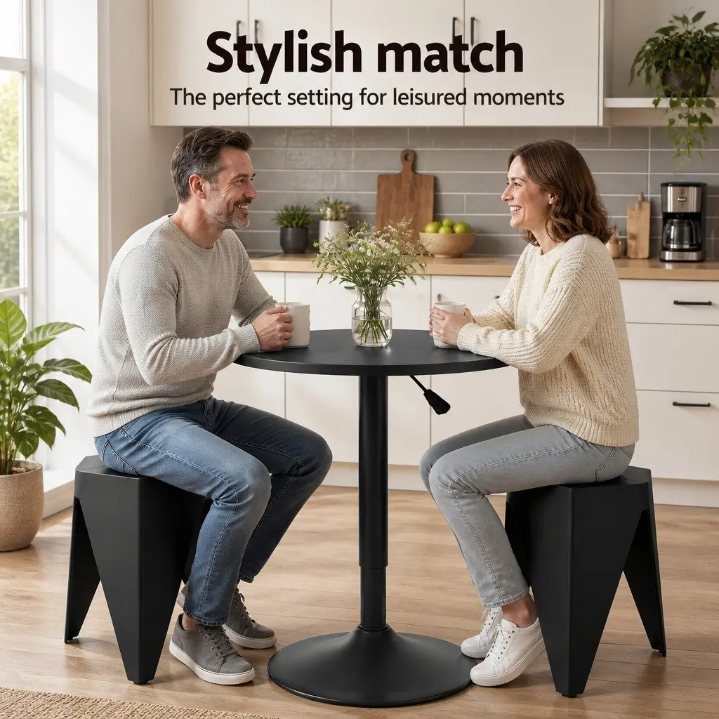 Bar Stools and Table Set 3 Piece Height Adjustable Bar Table with Swivel Top and Stackable Stools Black