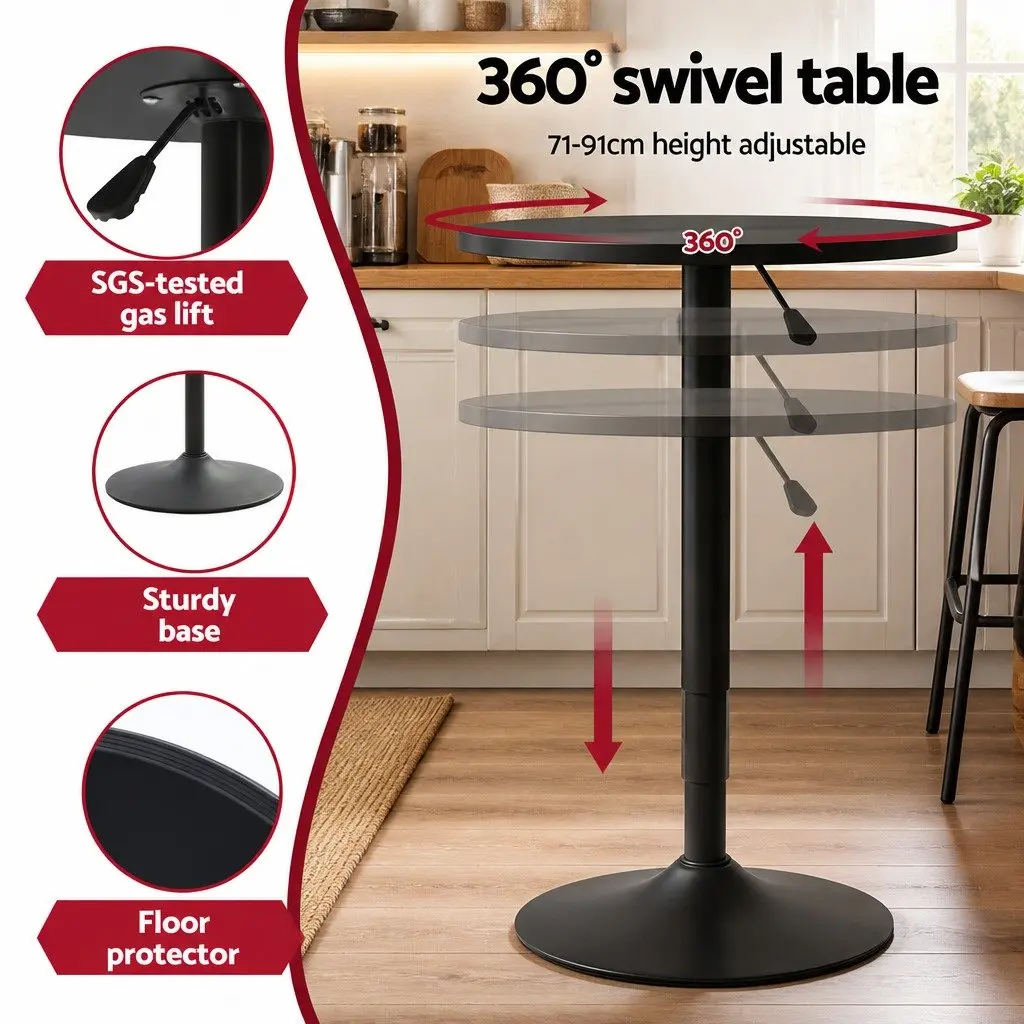 Bar Stools and Table Set 3 Piece Height Adjustable Bar Table with Swivel Top and Stackable Stools Black