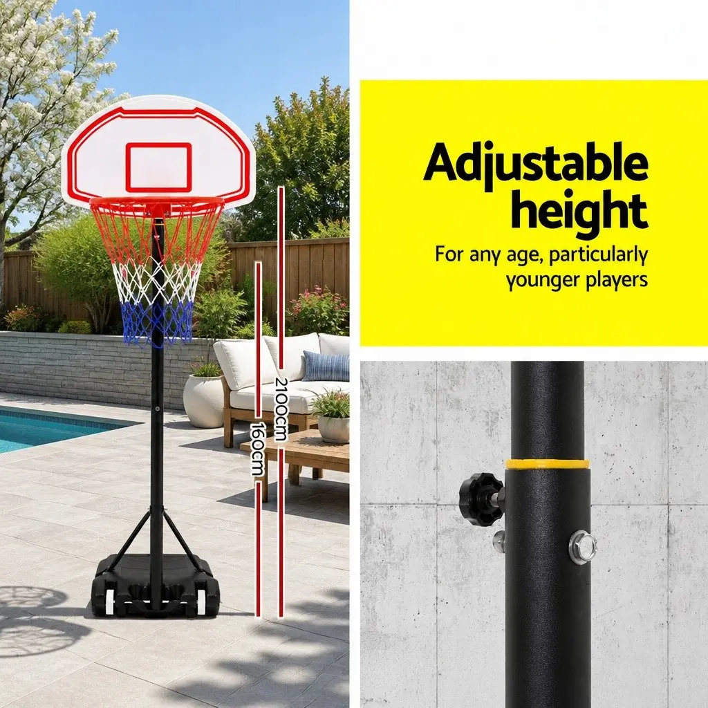 Basketball Hoop Stand System Adjustable 1.6M to 2.1M Portable Kids Youth Shatterproof Backboard Heavy-Duty Base Roller Wheels