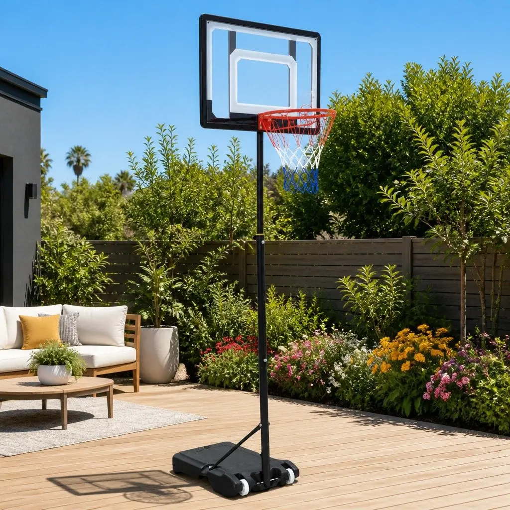 Basketball Hoop Stand System Adjustable 1.6m to 2.1m Portable with Tough Steel Frame and 32 Inch PVC Backboard