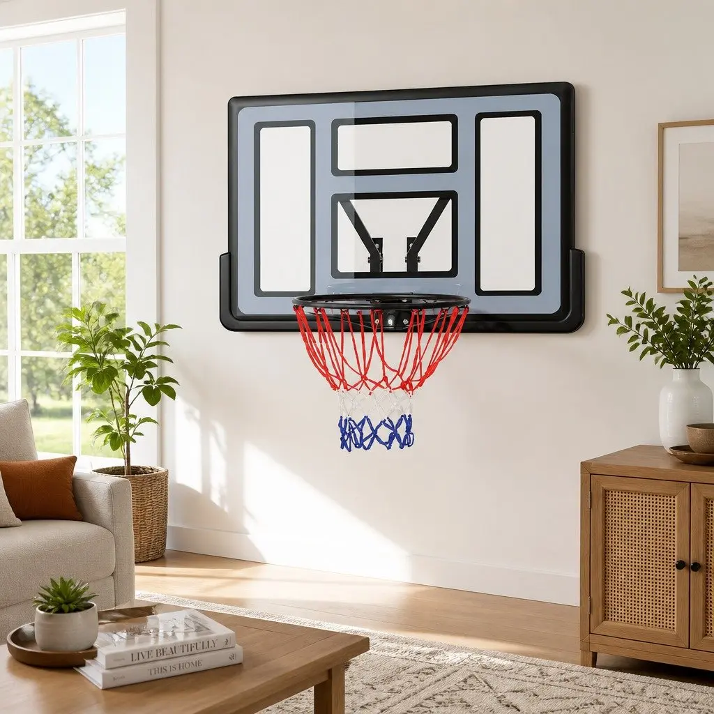 Basketball Hoop Wall Mounted 45 Inch Shatterproof Backboard Spring Loaded Rim