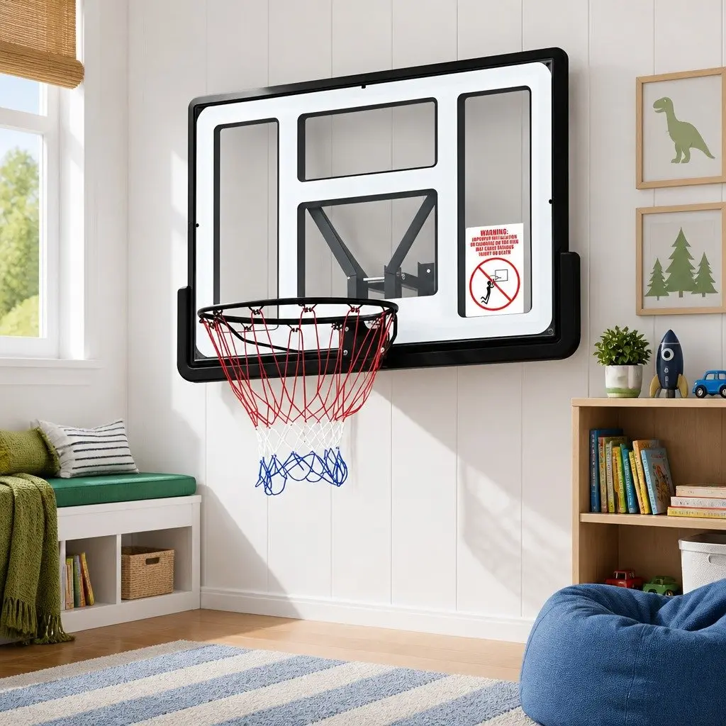 43 Inch Wall Mount Basketball Hoop Backboard Indoor Outdoor Spring Loaded Rim