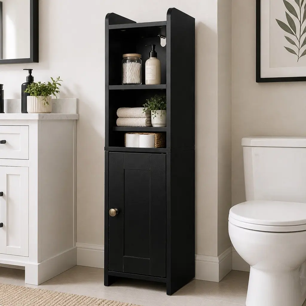 Bathroom Storage Cabinet 78.5cm Slim Corner Organiser with Adjustable Shelves and Hidden Toilet Paper Holder Black