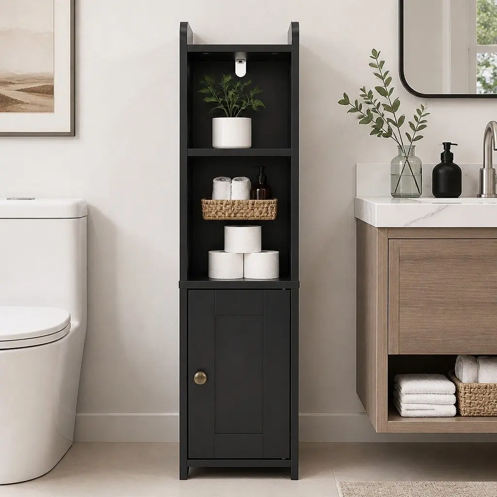 Bathroom Storage Cabinet 78.5cm Slim Corner Organiser with Adjustable Shelves and Hidden Toilet Paper Holder Black
