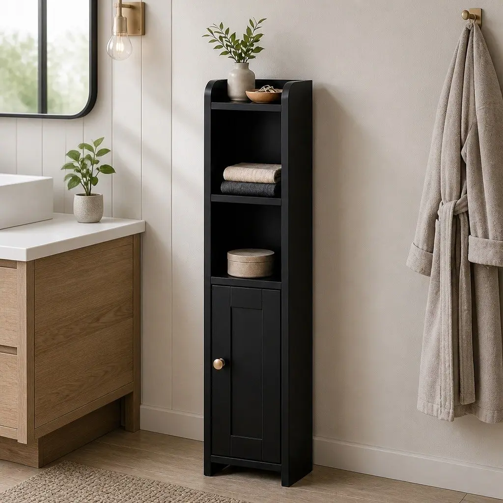 Bathroom Storage Cabinet 78.5cm Slim Corner Organiser with Adjustable Shelves and Hidden Toilet Paper Holder Black
