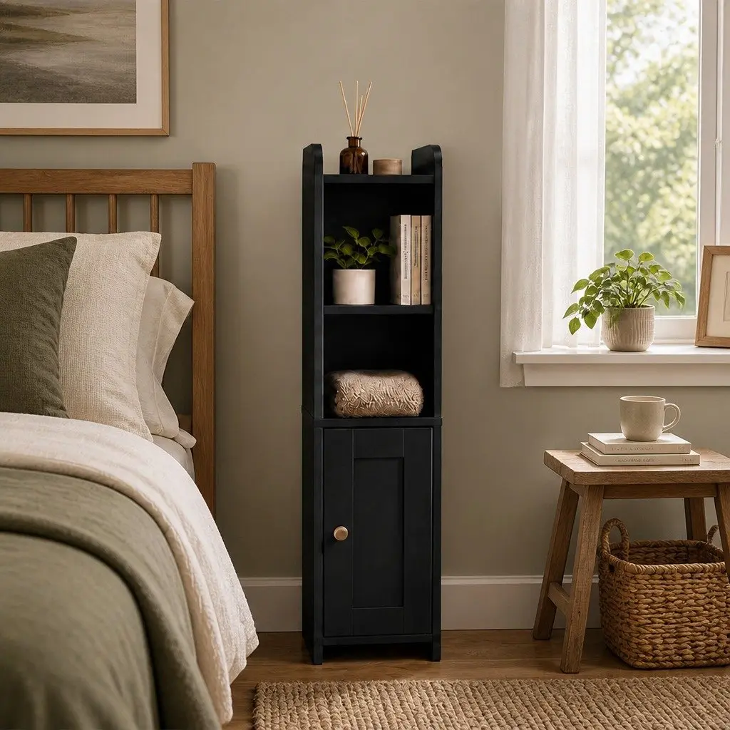 Bathroom Storage Cabinet 78.5cm Slim Corner Organiser with Adjustable Shelves and Hidden Toilet Paper Holder Black