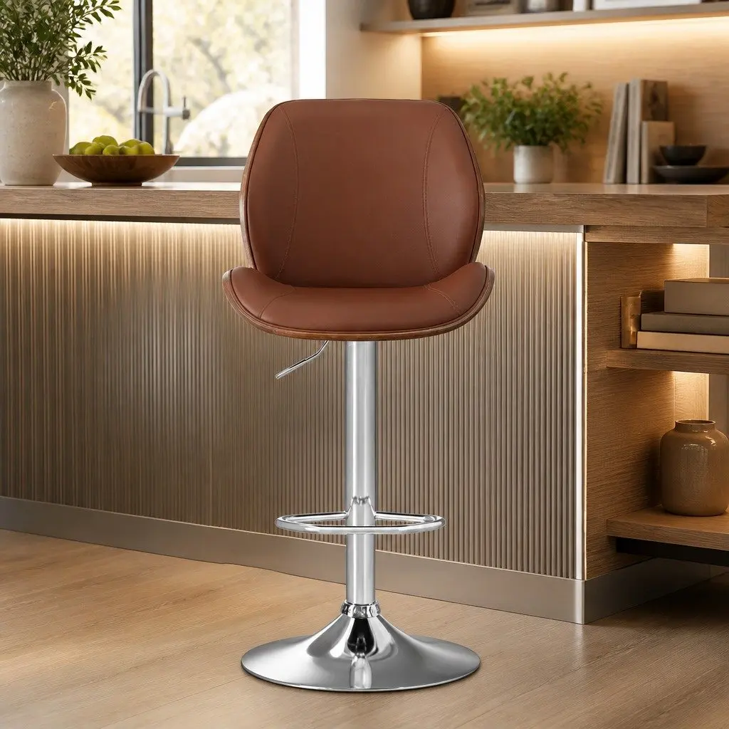 Bar Stools Set of 4 Adjustable Height Bentwood Backrest Kitchen Counter Chairs Brown