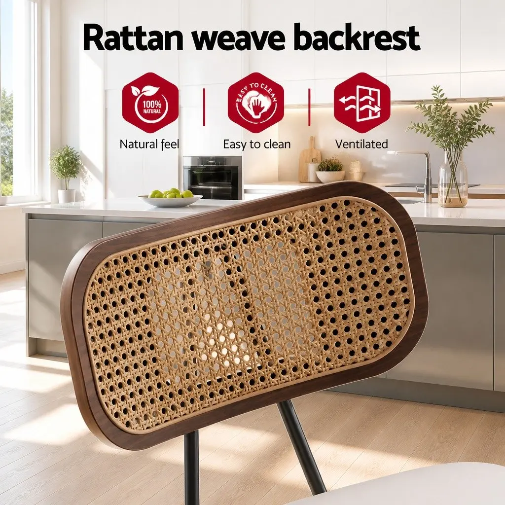 Bar Stools Set of 2 Kitchen Counter Chairs Rattan Backrest PU Leather Beige