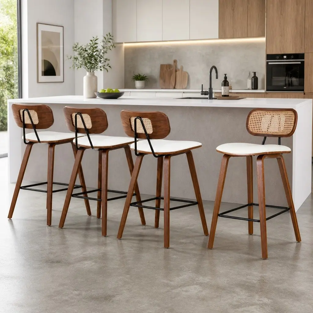 Bar Stools Set of 4 PU Leather Seat Rattan Backrest Walnut Frame