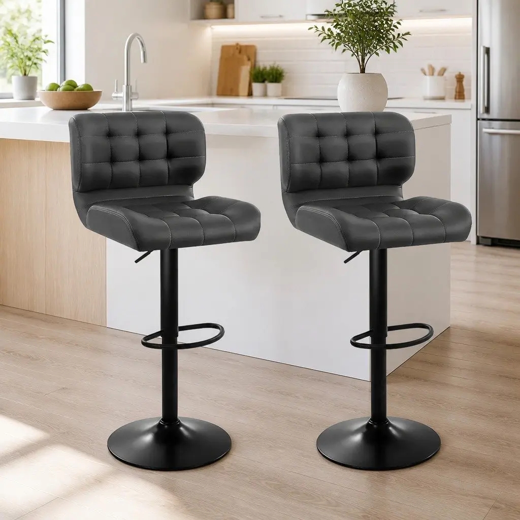 Bar Stools 2 Pack Gas Lift Swivel Chair PU Leather Padded Seat Chrome Base Grey