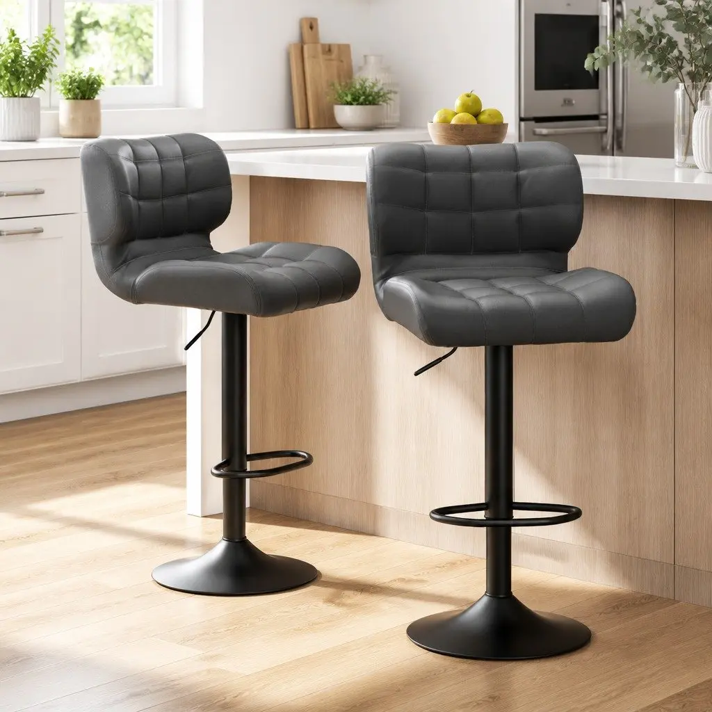 Bar Stools 2 Pack Gas Lift Swivel Chair PU Leather Padded Seat Chrome Base Grey