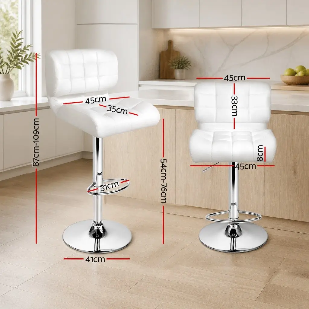 Bar Stools White Gas Lift Padded Seat Swivel Chair Chrome Base Set of 2