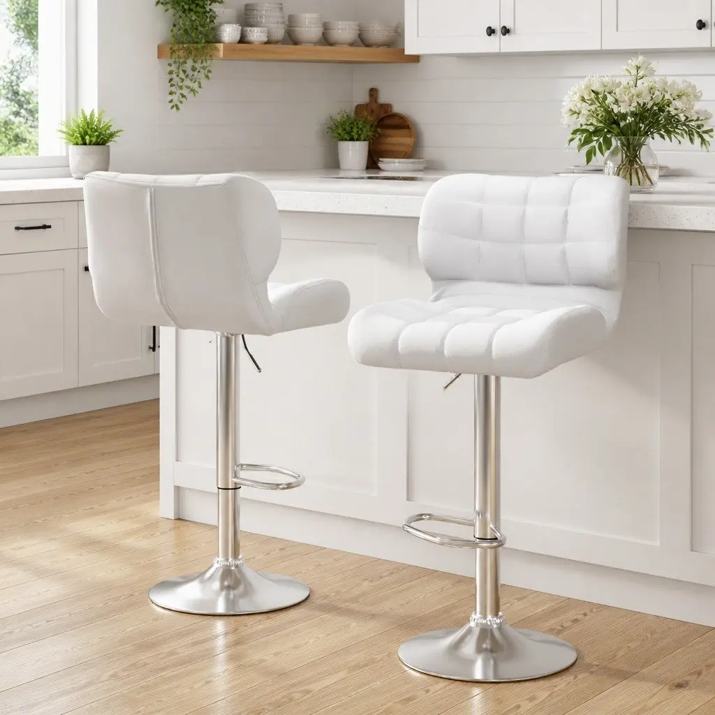 Bar Stools White Gas Lift Padded Seat Swivel Chair Chrome Base Set of 2