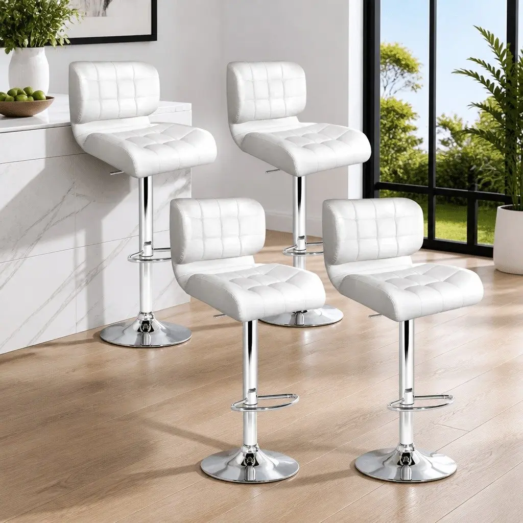 Bar Stools Set of 4 Gas Lift Padded Seat Swivel Chrome Base White