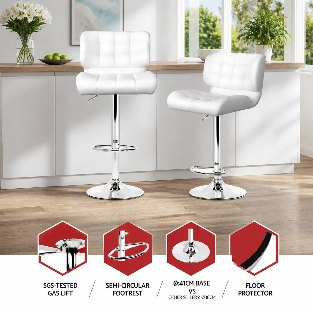 Bar Stools Set of 4 Gas Lift Padded Seat Swivel Chrome Base White