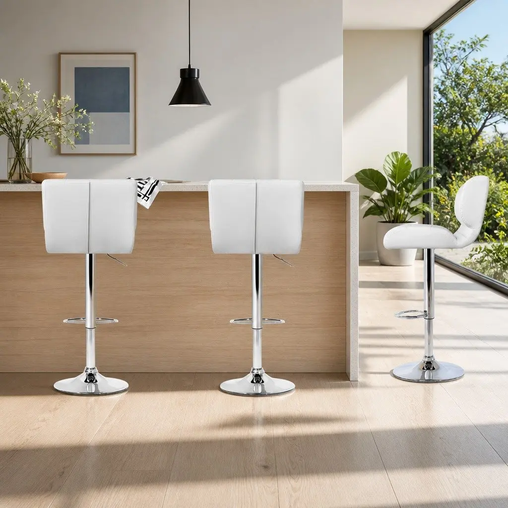 Bar Stools Set of 4 Gas Lift Padded Seat Swivel Chrome Base White