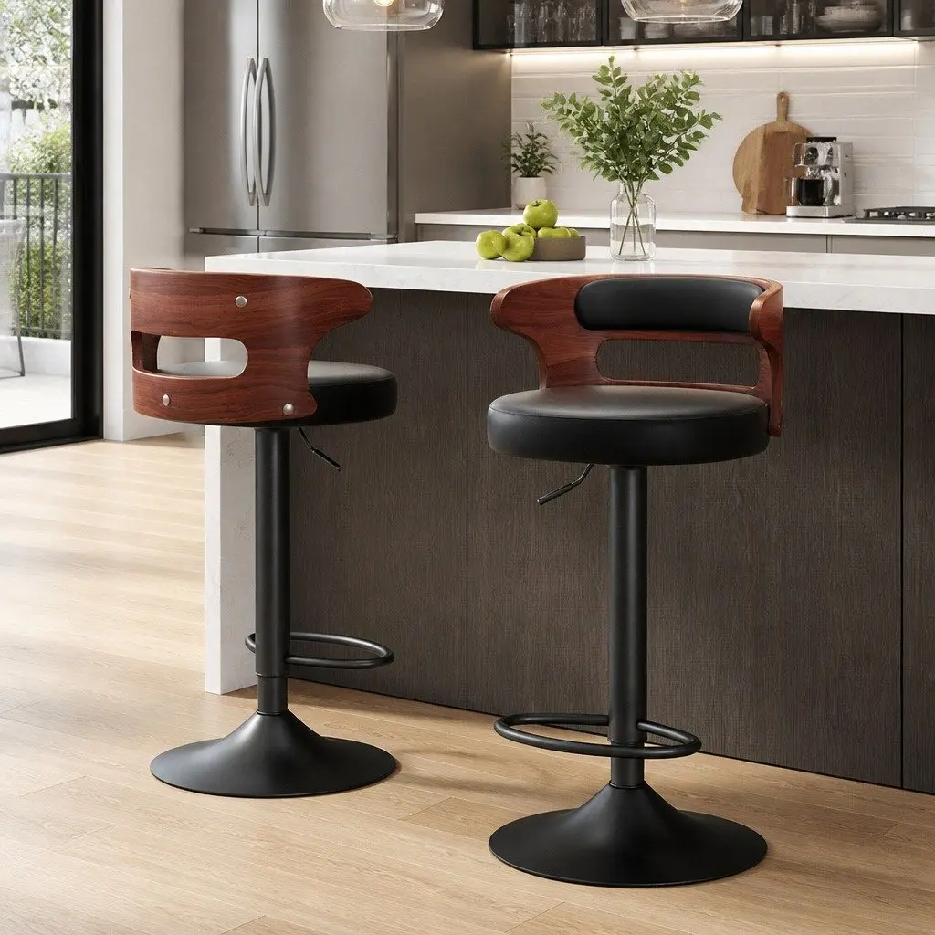 Bar Stools 2x Adjustable Height Mid-Back Swivel Chair Black PU Leather