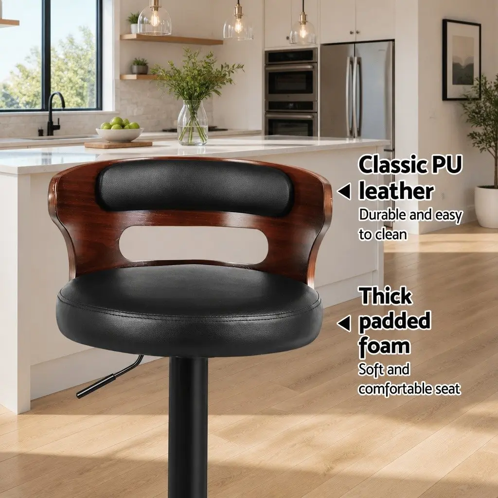 Bar Stools 2x Adjustable Height Mid-Back Swivel Chair Black PU Leather