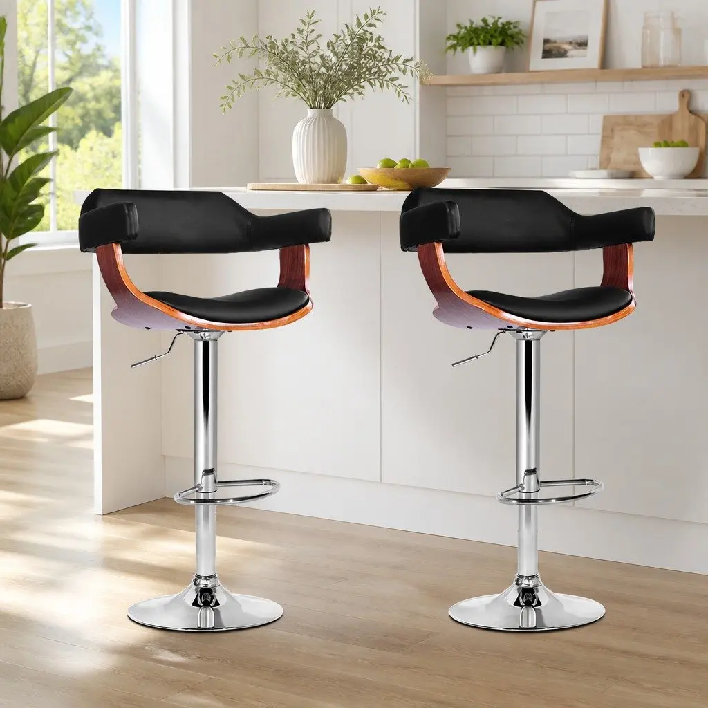 Bar Stools Adjustable Height Swivel Black PU Leather Padded Seat