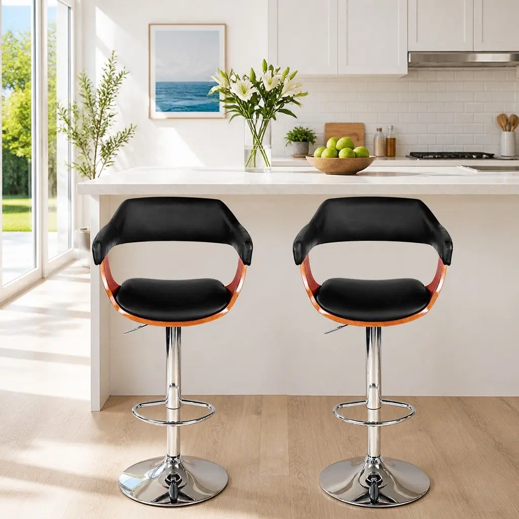 Bar Stools Adjustable Height Swivel Black PU Leather Padded Seat