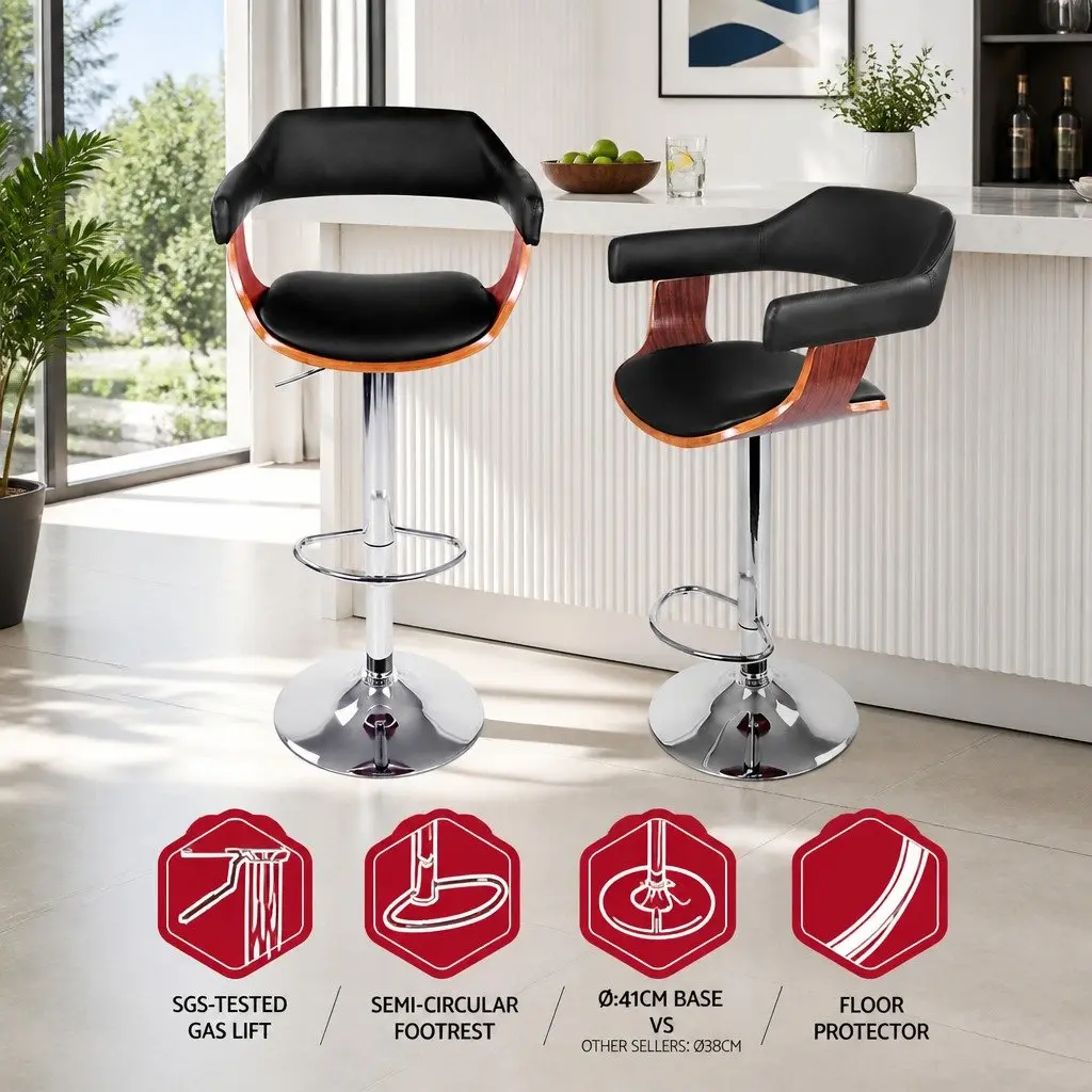 Bar Stools Adjustable Height Swivel Black PU Leather Padded Seat