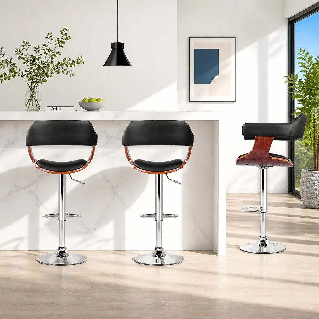 Bar Stools Adjustable Height Swivel Black PU Leather Padded Seat