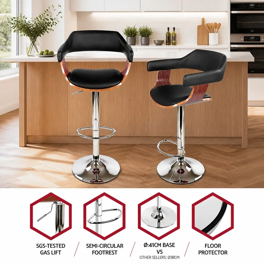 Bar Stools Adjustable Height Swivel Chair Black PU Leather Padded Seat Chrome Base