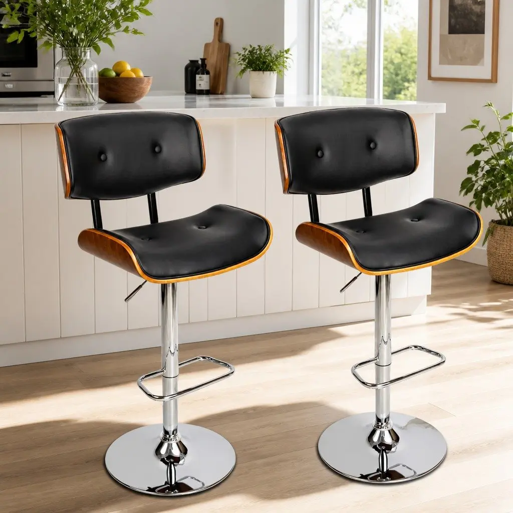 Bar Stools Gas Lift Swivel Wooden Seat Chrome Base PU Leather Black Set of 2