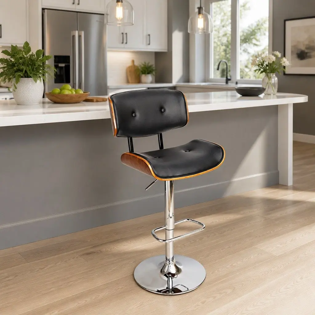 Bar Stools Height Adjustable Black Padded Seat Gas Lift Swivel Chrome Base