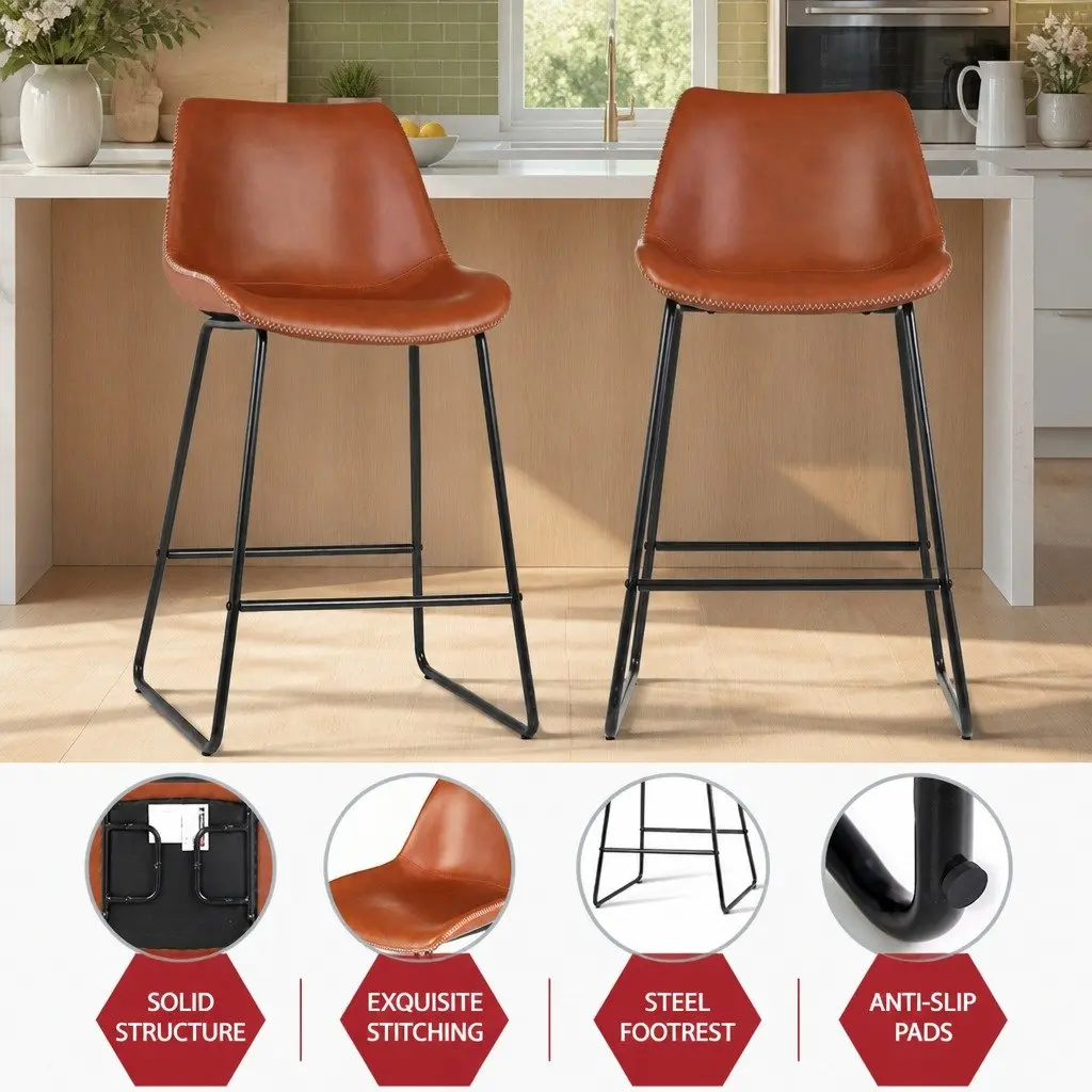 Bar Stools Set of 4 Brown Padded Seat Metal Legs Kitchen Dining Chair
