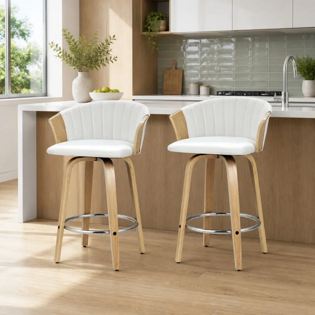 Bar Stools Swivel Counter Chairs White Leather Padded Seat 2 Piece