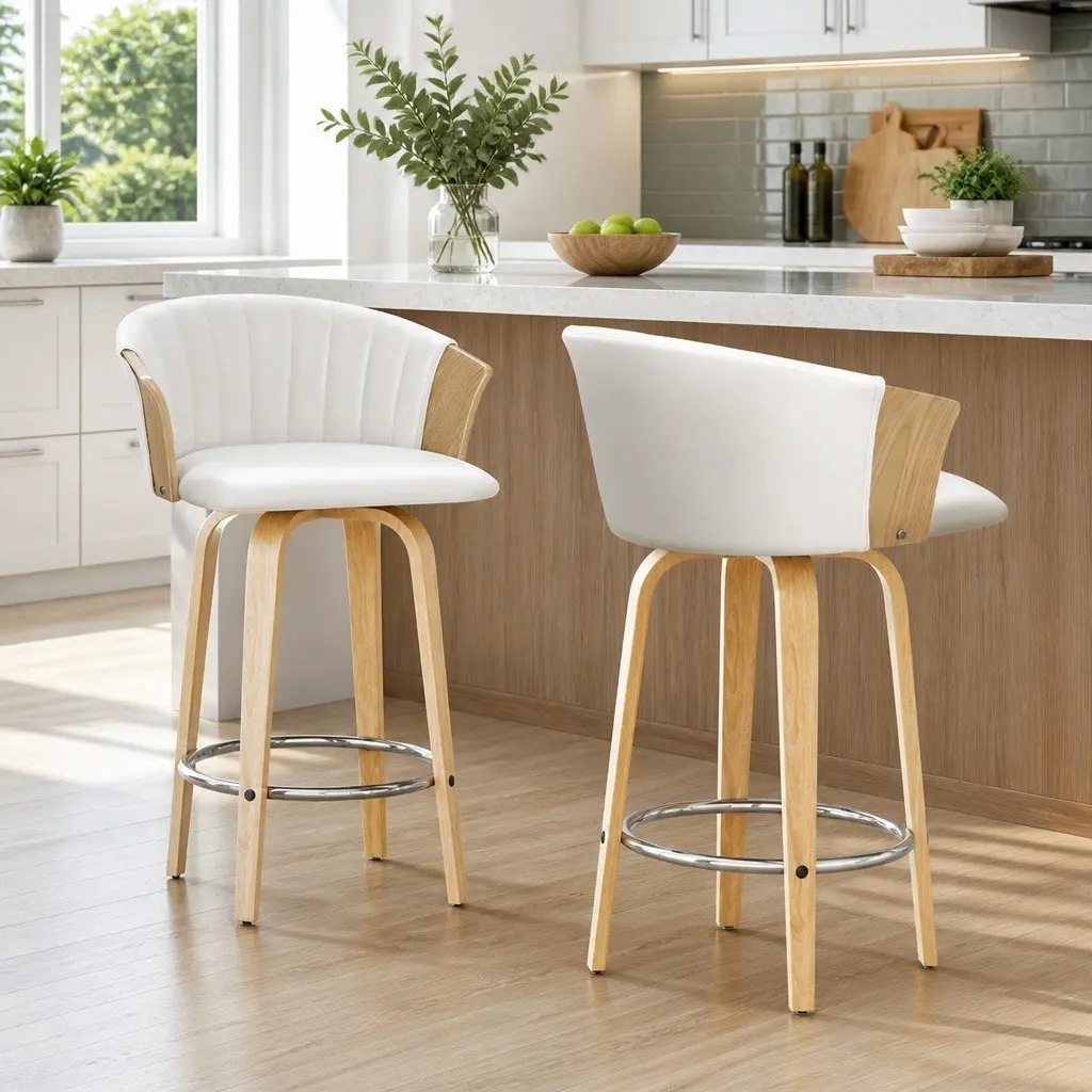 Bar Stools Swivel Counter Chairs White Leather Padded Seat 2 Piece