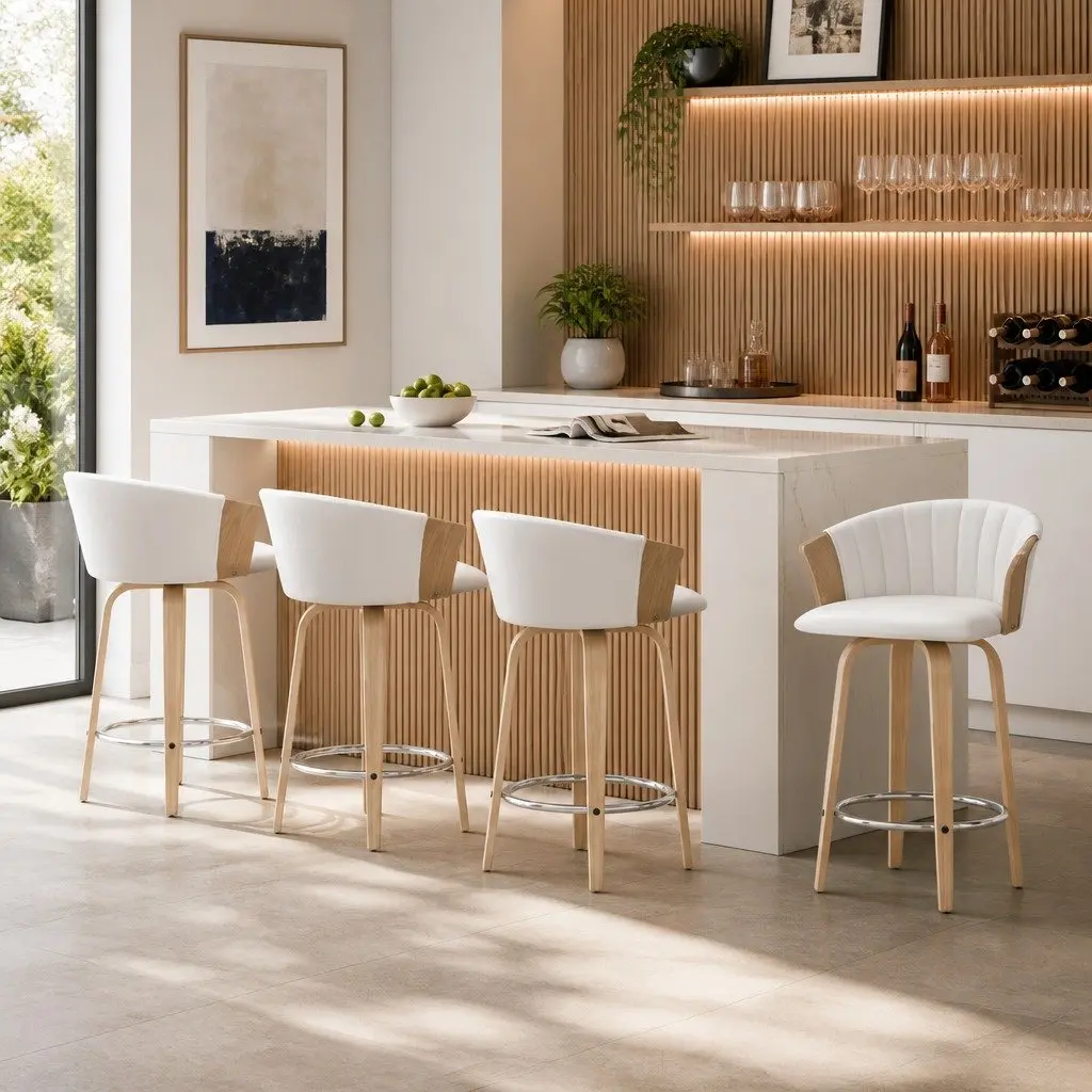 Bar Stools Set of 4 Swivel Leather Padded Seat Backrest Chrome Footrest