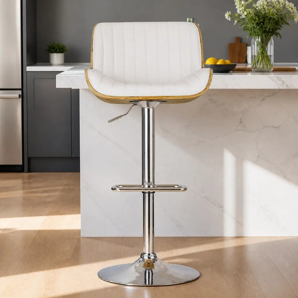 Bar Stools Adjustable Height Swivel Wooden Seat Padded White