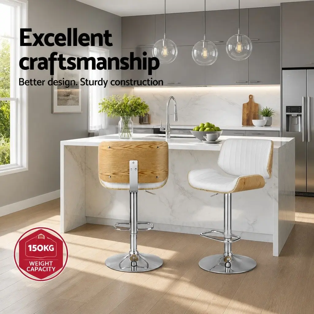 Bar Stools Adjustable Height Swivel Wooden Seat Padded White