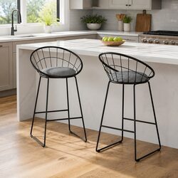 Black Bar Stools with Padded Seat and Metal Frame - 2 Pack