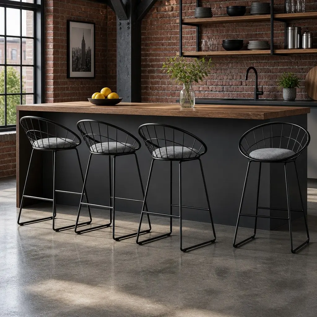 Bar Stools Set of 4 Padded Faux Linen Seat Curved Backrest Black Kitchen Counter Height