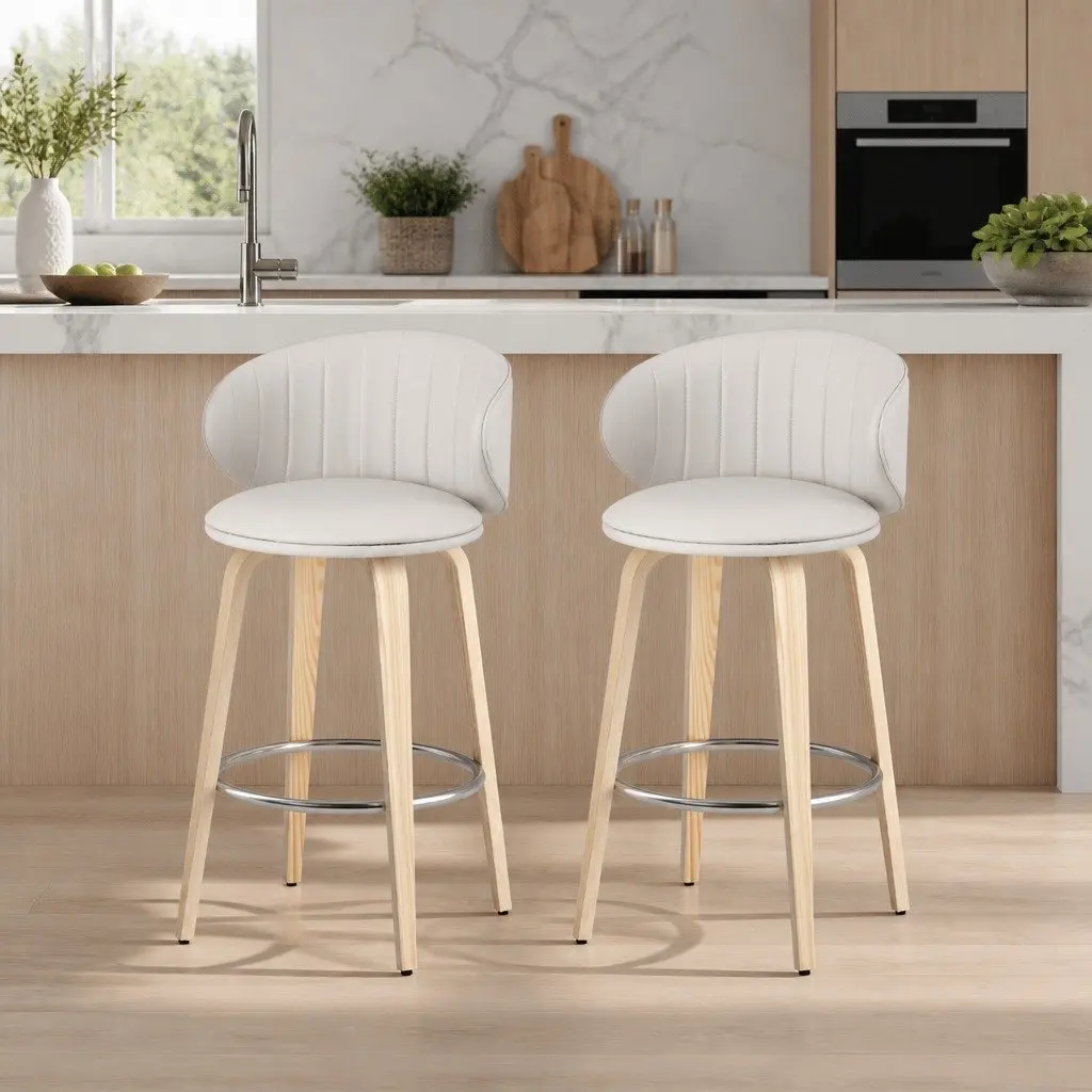 Bar Stools Set of 2 Beige PU Leather Padded Seat Contoured Backrest Kitchen Stool