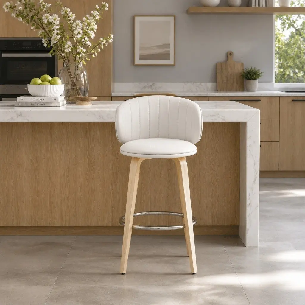 Bar Stools Set of 2 Beige PU Leather Padded Seat Contoured Backrest Kitchen Stool