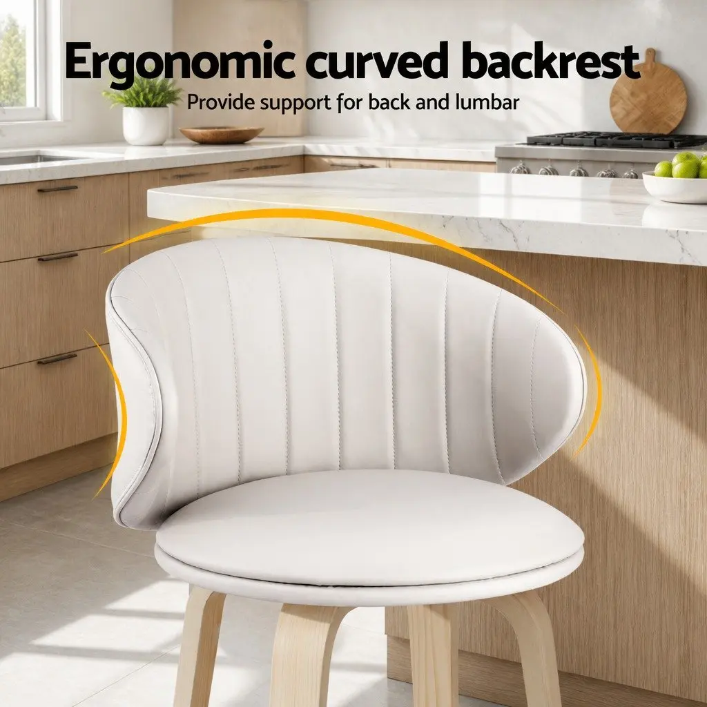 Bar Stools Set of 2 Beige PU Leather Padded Seat Contoured Backrest Kitchen Stool