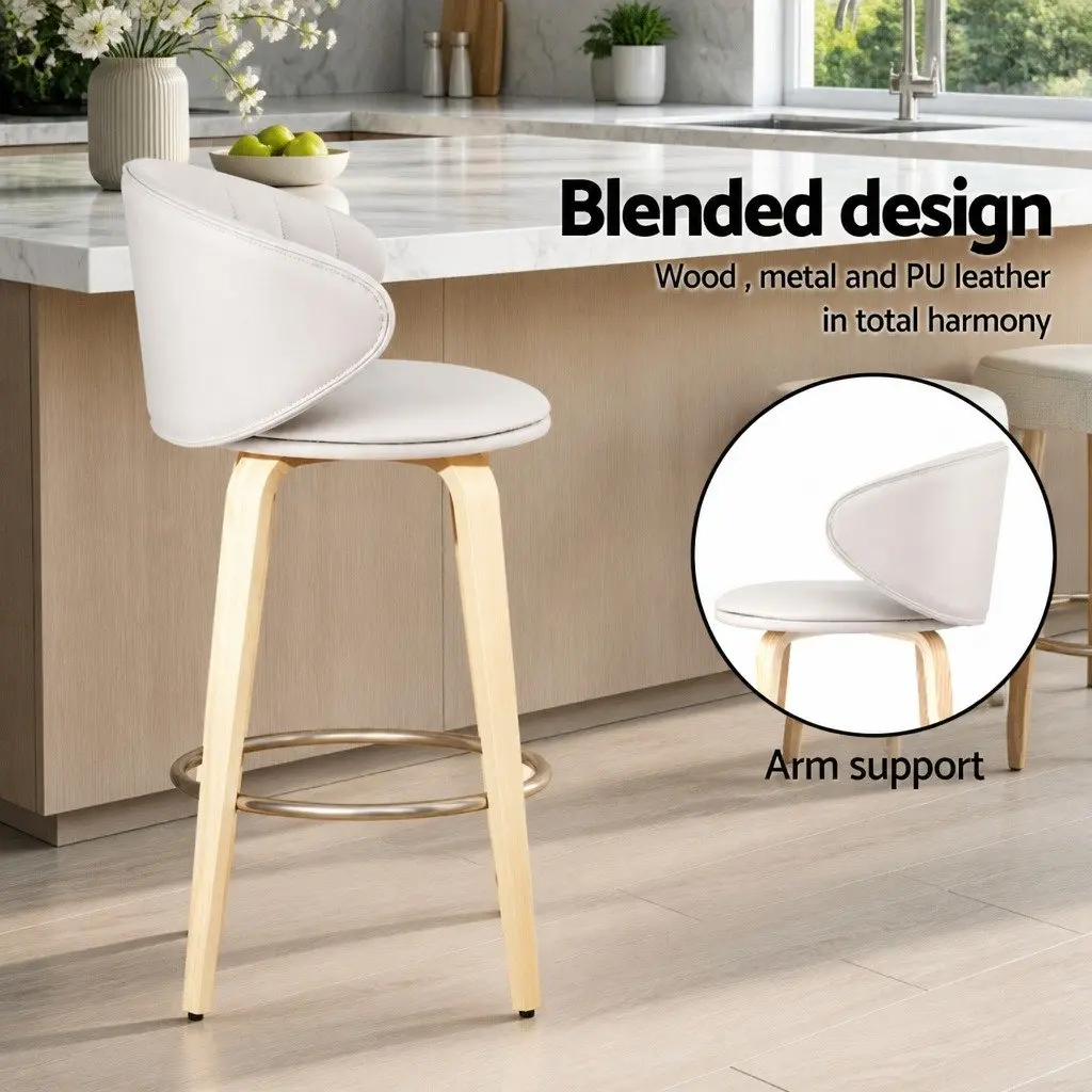 Bar Stools Set of 2 Beige PU Leather Padded Seat Contoured Backrest Kitchen Stool