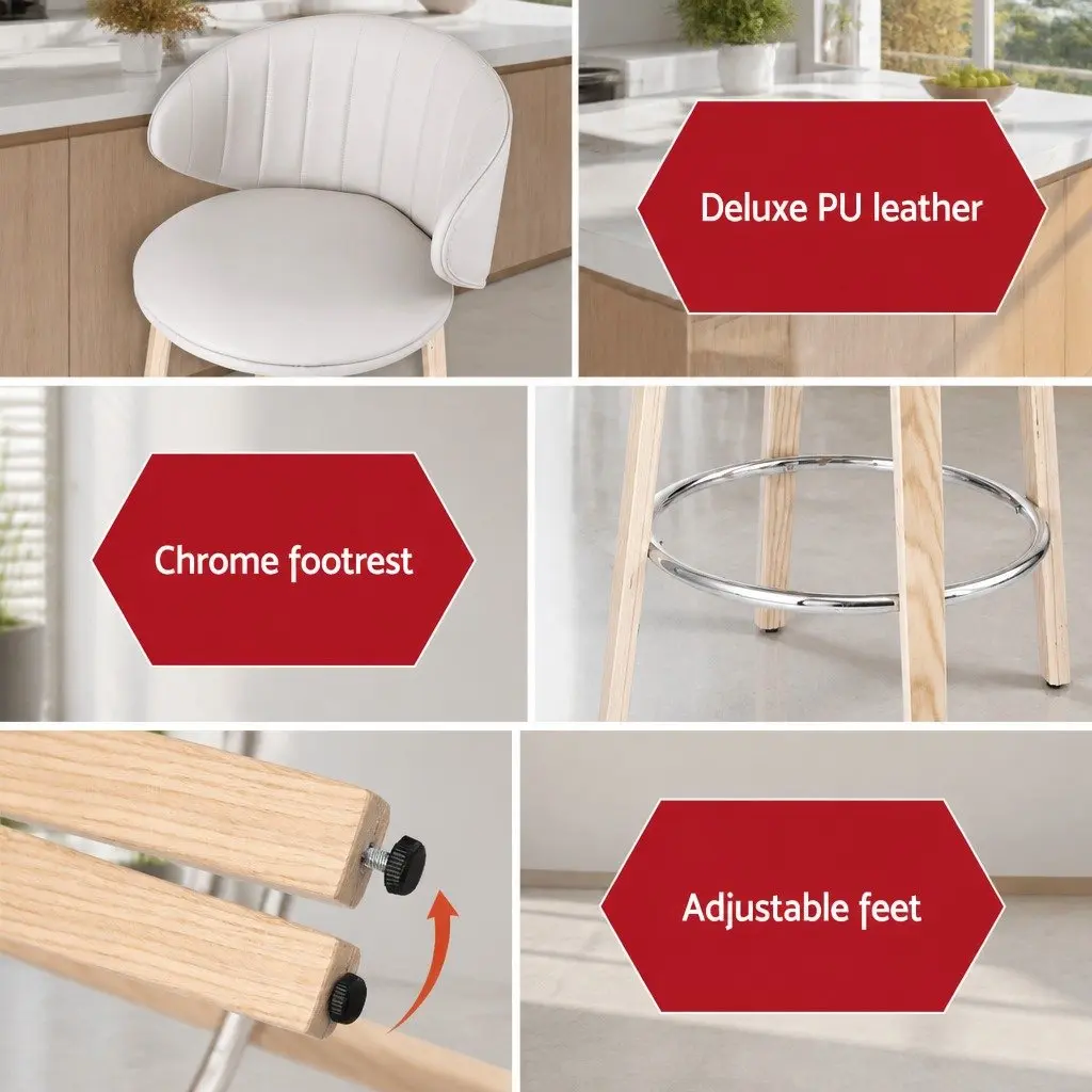 Bar Stools Set of 2 Beige PU Leather Padded Seat Contoured Backrest Kitchen Stool