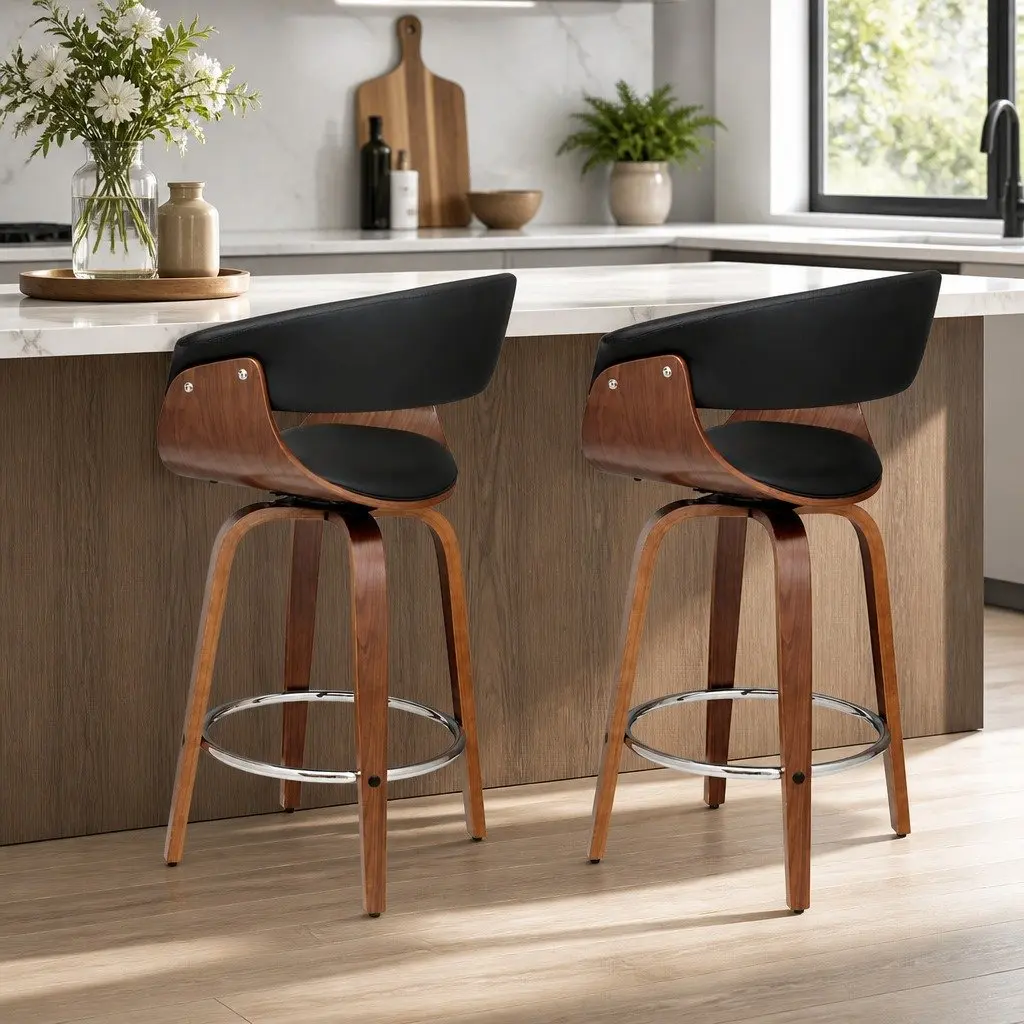 Bar Stools Set of 2 Swivel Seat Wooden Frame Black PU Leather Padded Armrest Chrome Footrest