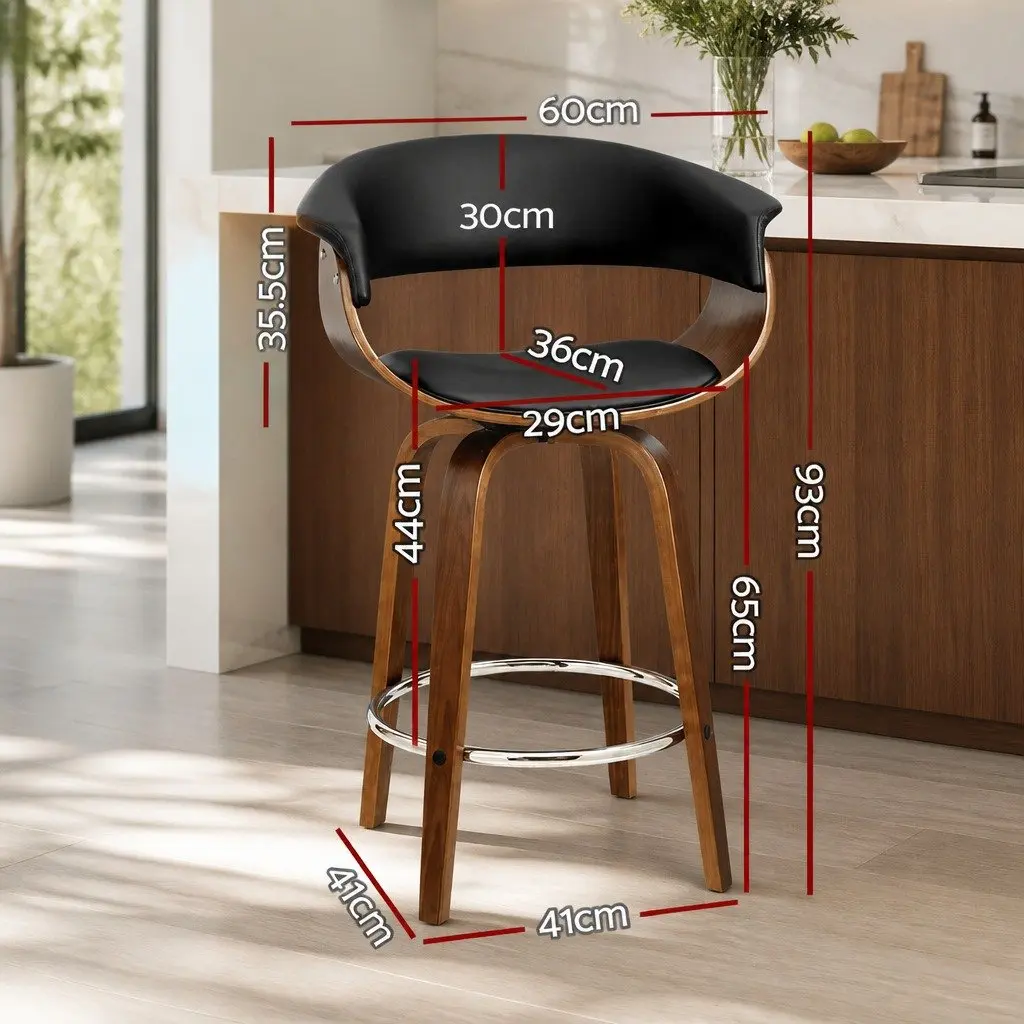 Bar Stools Set of 2 Swivel Seat Wooden Frame Black PU Leather Padded Armrest Chrome Footrest