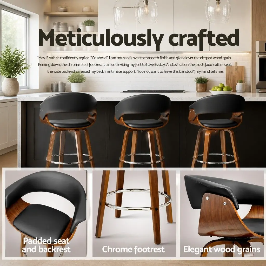 Bar Stools Set of 2 Swivel Seat Wooden Frame Black PU Leather Padded Armrest Chrome Footrest