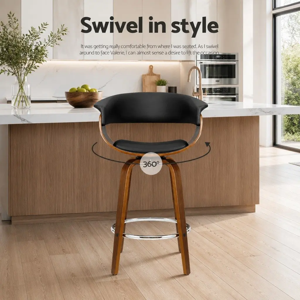 Bar Stools Set of 2 Swivel Seat Wooden Frame Black PU Leather Padded Armrest Chrome Footrest
