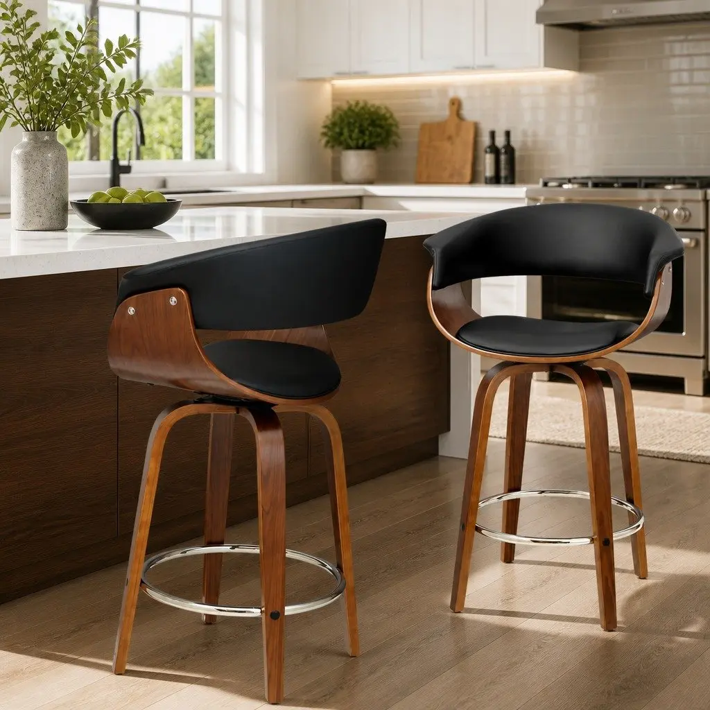 Bar Stools Set of 2 Swivel Seat Wooden Frame Black PU Leather Padded Armrest Chrome Footrest