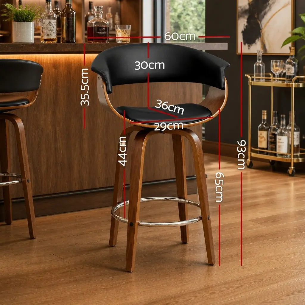 Swivel Bar Stool Black PU Padded Seat Walnut Frame Chrome Footrest Mid Height Backrest
